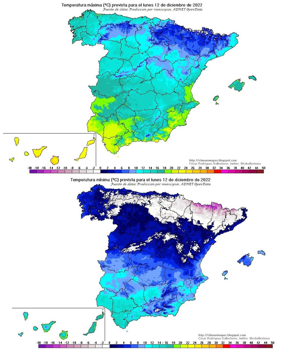 Temperaturas máximas y mínimas previstas para el lunes 12