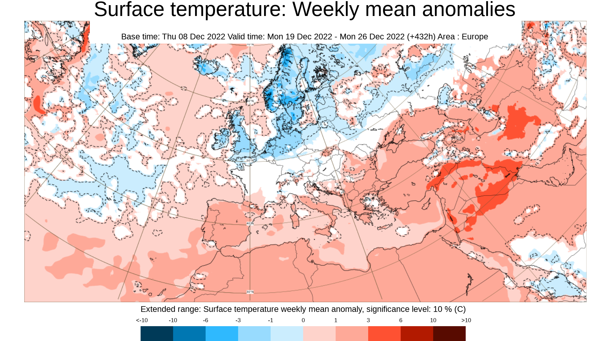 Anomalía de la temperatura media prevista para la semana del 19 al 25 de dic