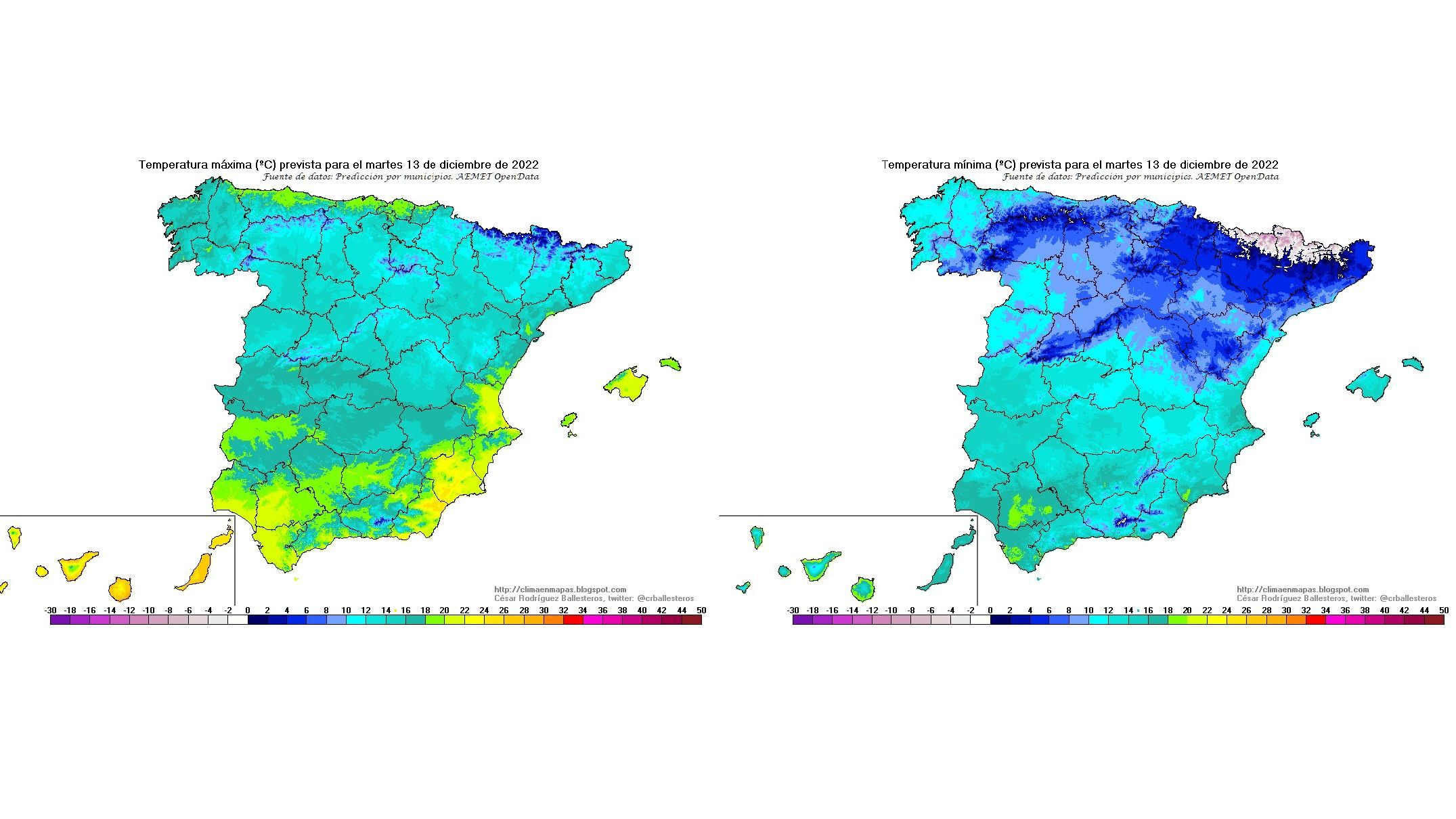 Temperaturas máximas y mínimas previstas para el martes 13