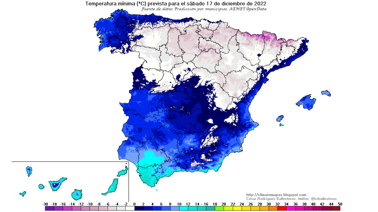 Temperaturas mínimas previstas para el sábado 17