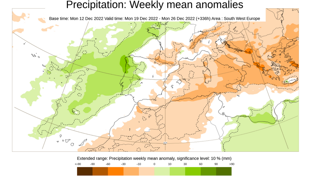 Anomalía de la precipitación media prevista para la semana del 19 al 25 de diciembre