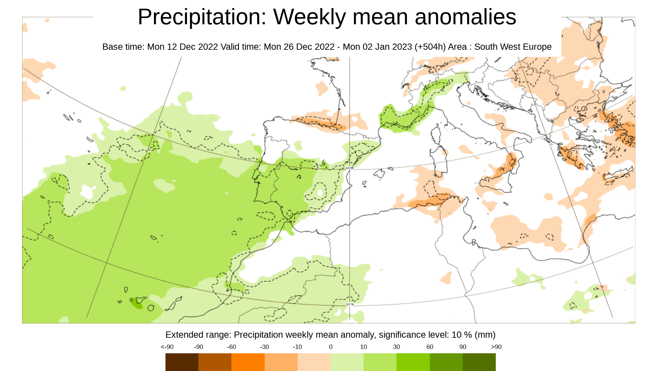 Anomalía de la precipitación media prevista para la semana del 26 de diciembre al 1 de enero 2023