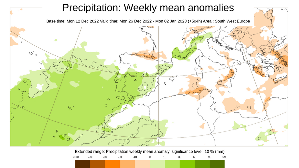 Anomalía de la precipitación media prevista para la semana del 26 de diciembre al 1 de enero 2023