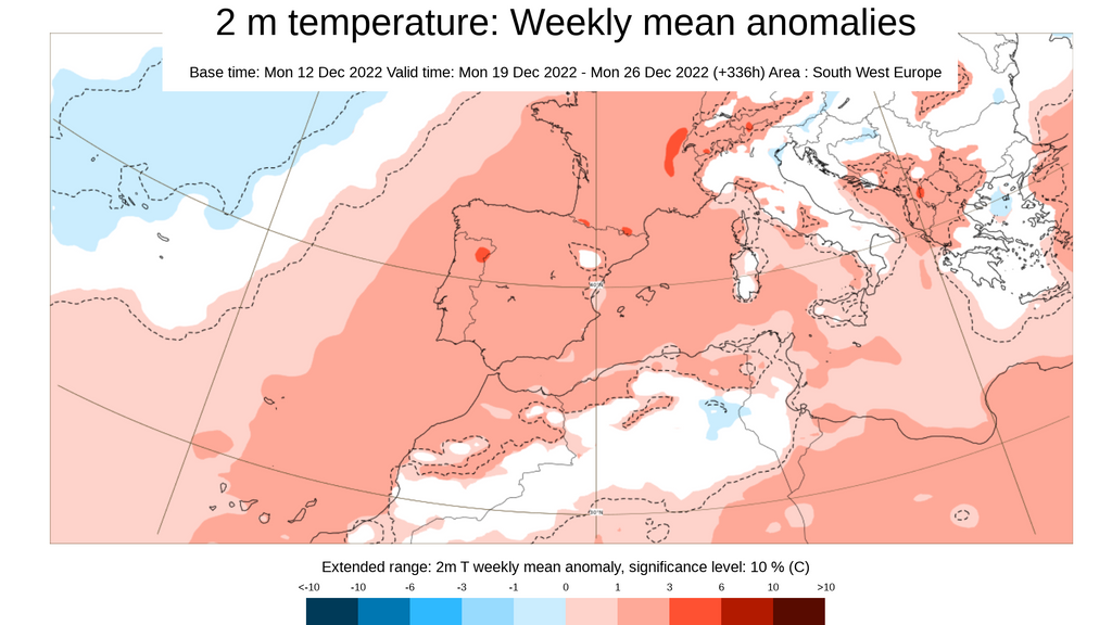 Anomalía de la temperatura media prevista para la semana del 19 al 25 de diciembre