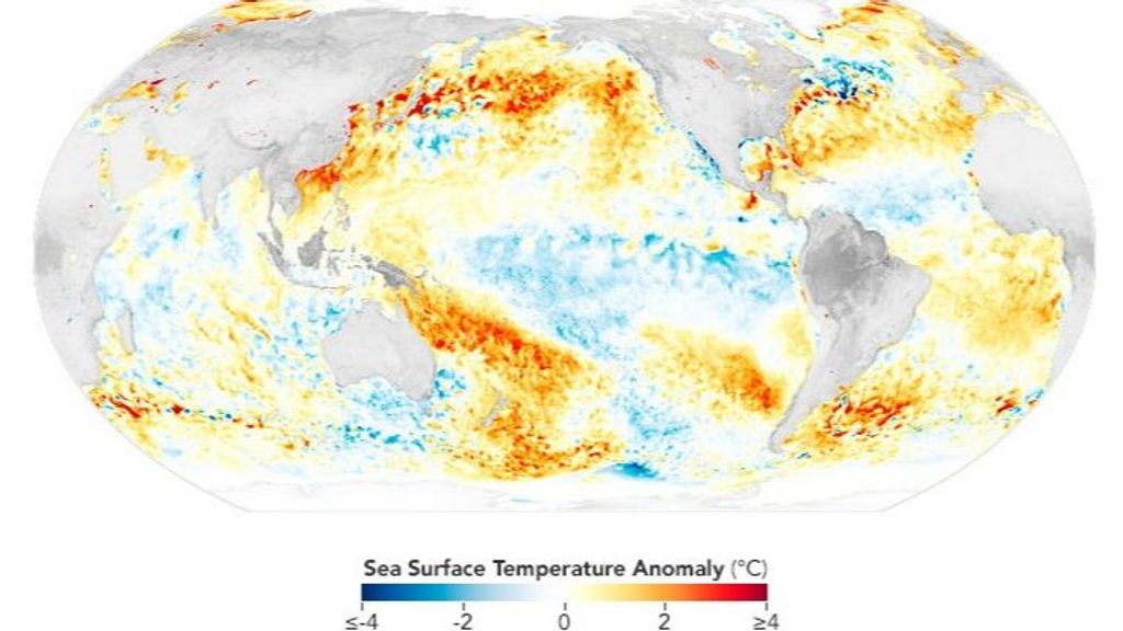 Anomalías en la temperatura superficial del océano, 29 de noviembre de 2022