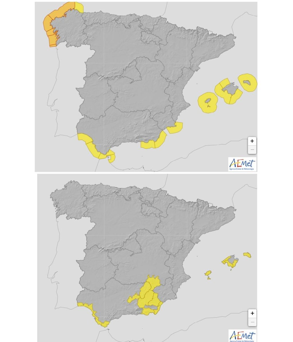 Avisos por temporal marítimo (arriba) y fuerte viento (abajo) previstos para el miércoles 14