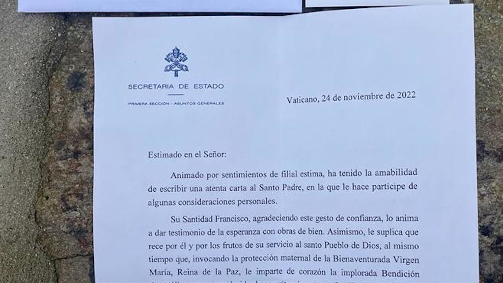 Carta enviada por el Papa al promotor de 'Aldealista'.