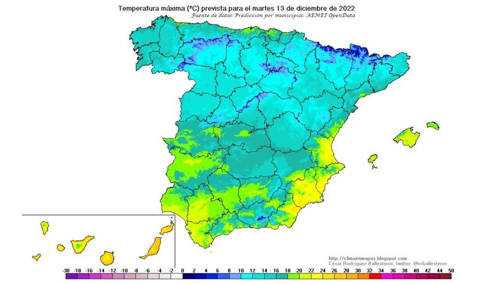 Temperaturas máximas previstas para el martes 13