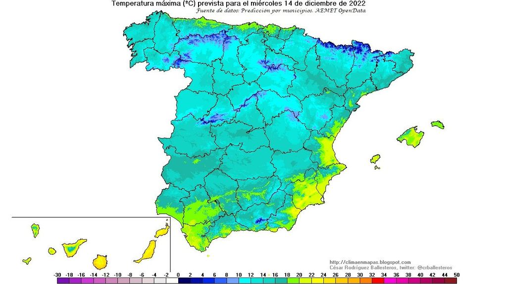 Temperaturas máximas previstas para el miércoles 14