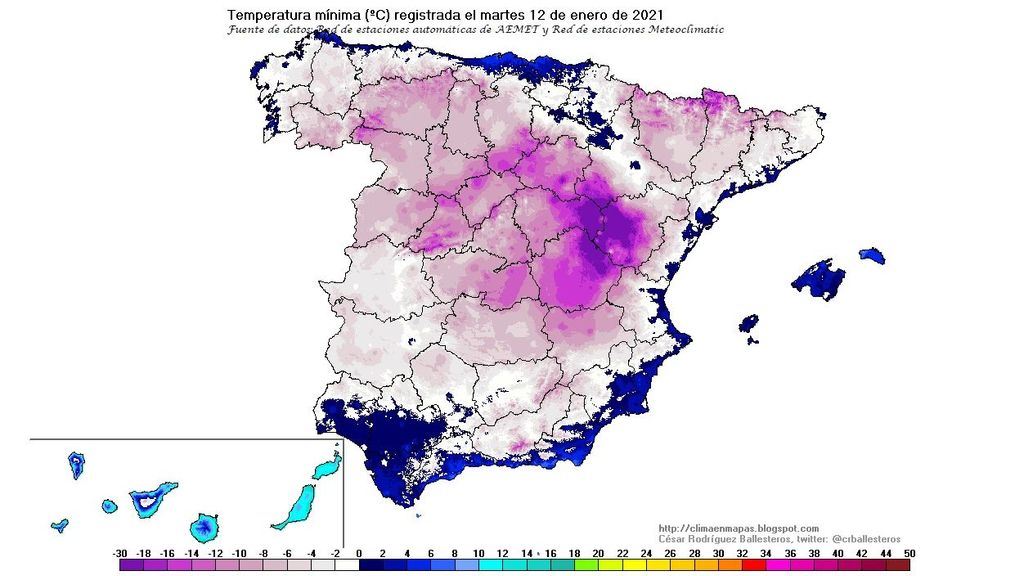 Temperatura mínima registrada el martes 12 de enero de 2021