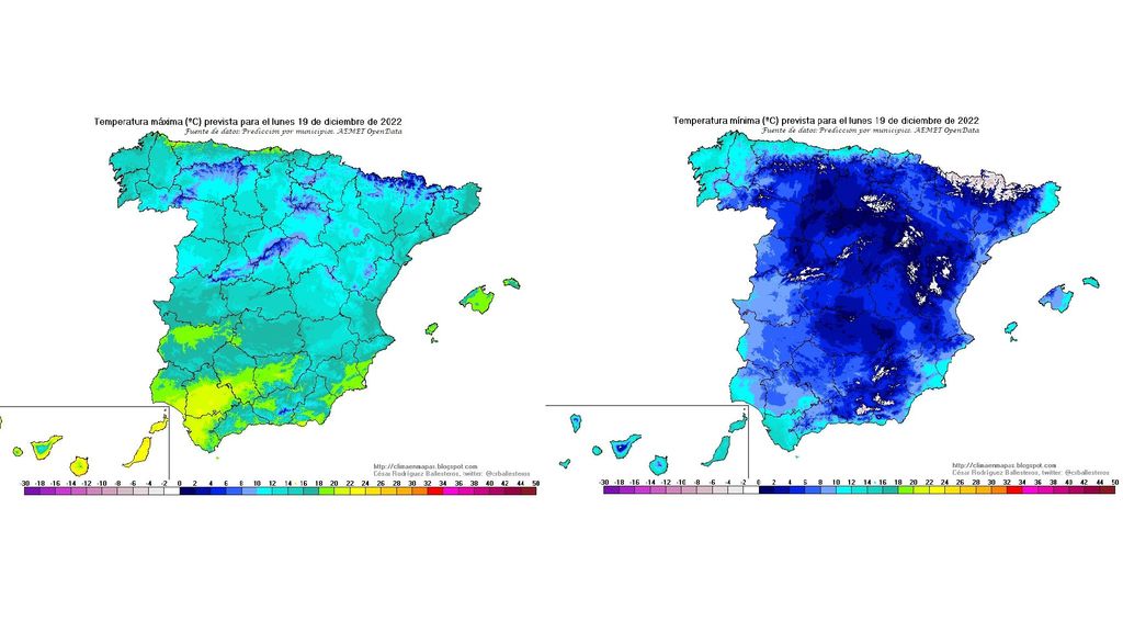 Temperaturas máximas y mínimas previstas para el lunes 19