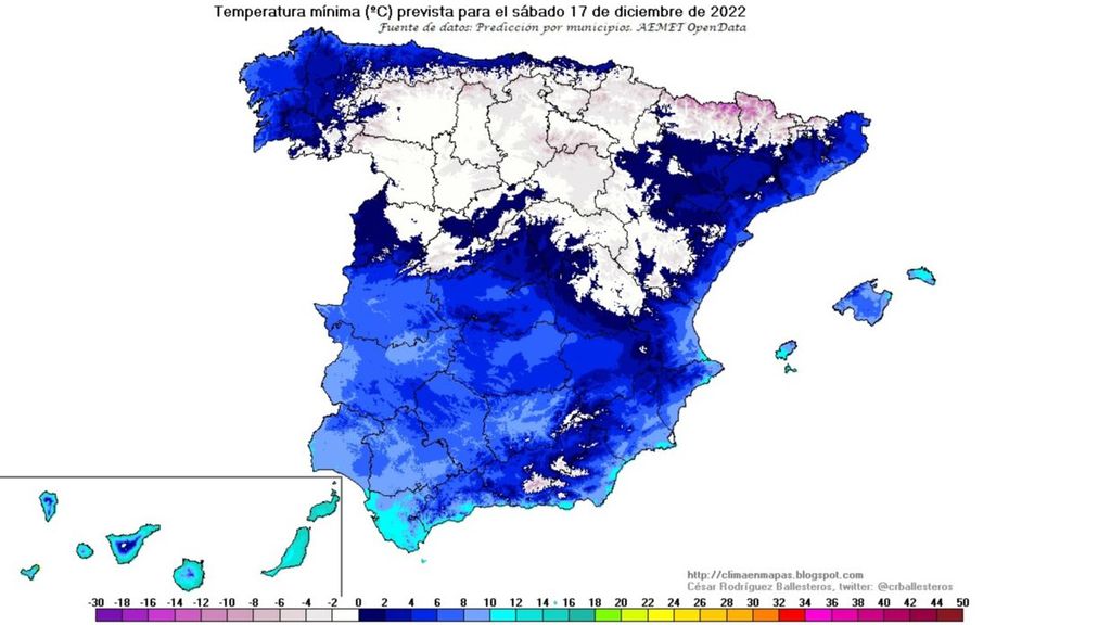 Temperaturas mínimas previstas para el sábado 17