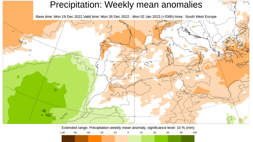Anomalía de la precipitación prevista para la semana de Nochevieja y Año Nuevo