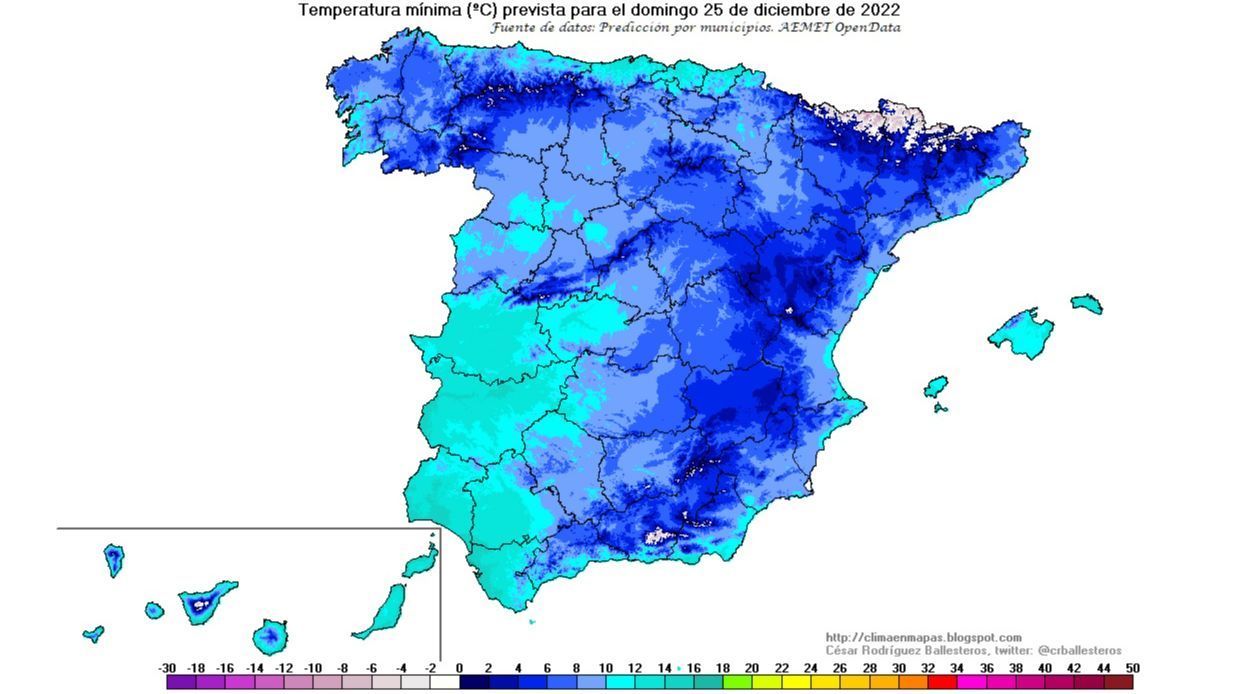 Temperaturas mínimas previstas para el día 25