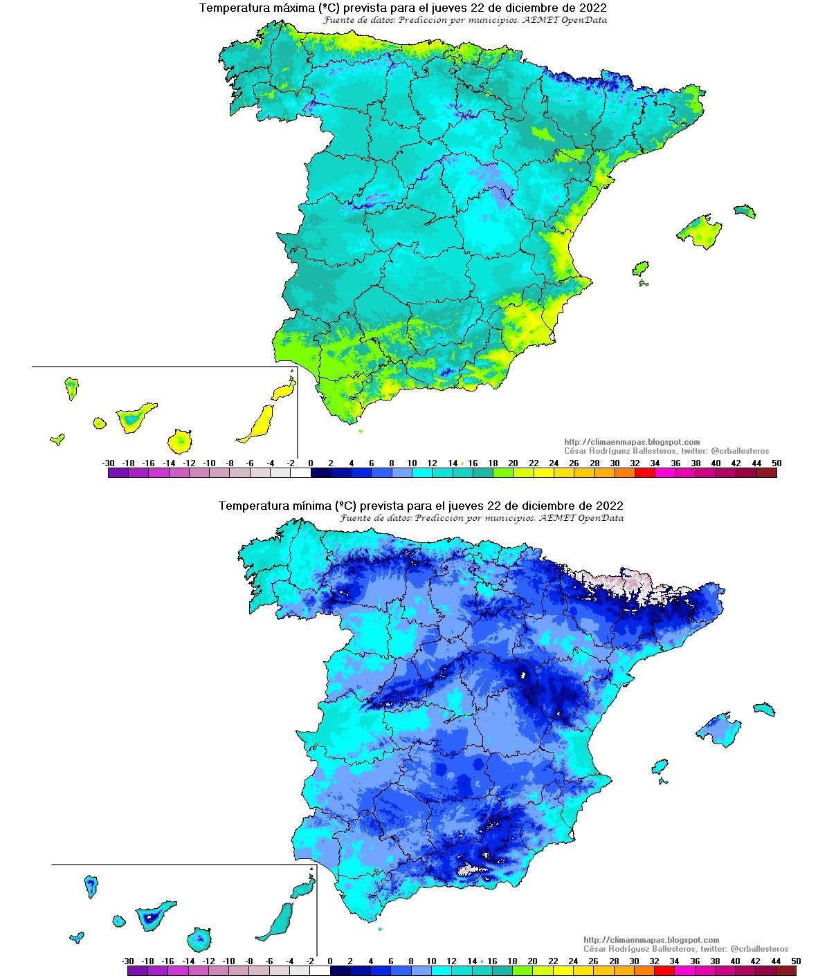 Temperaturas máximas y mínimas previstas para el jueves 22