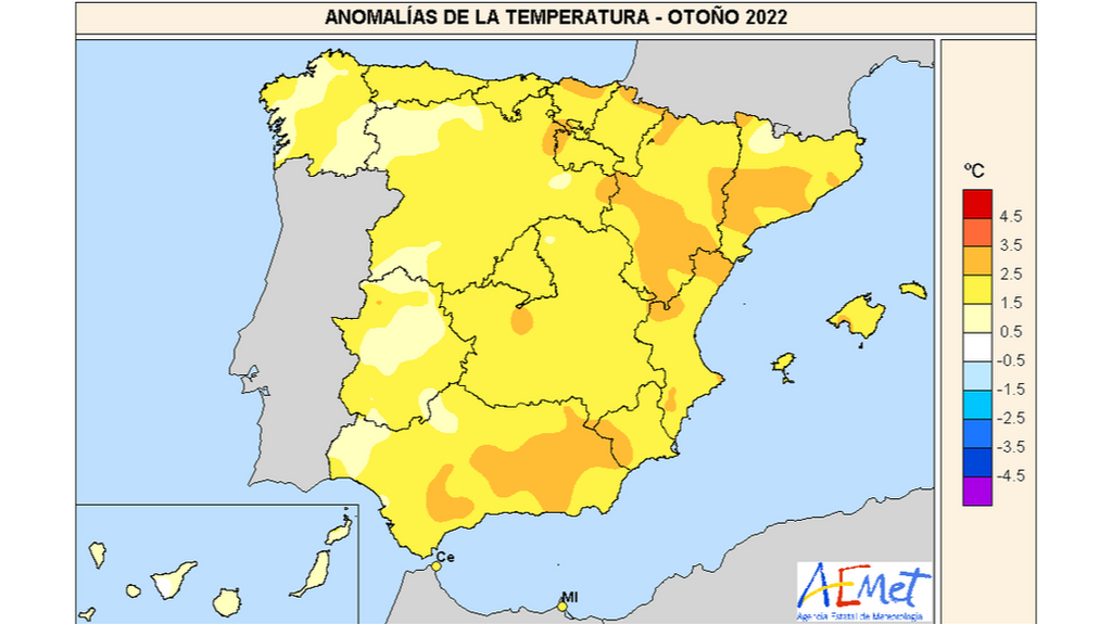 Anomalía de la temperatura media del otoño 2022