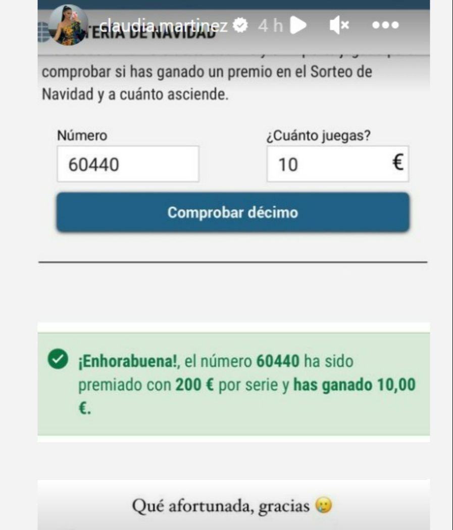 Claudia Martínez muestra cuánto dinero ha ganado con la Lotería de Navidad