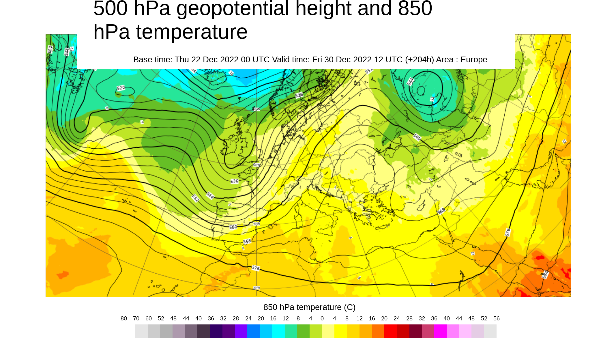 Temperatura y geopotencial 500 hPa; previsión 30 de diciembre