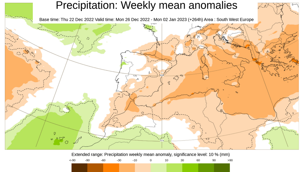 Anomalía de la precipitación prevista del 26 dic al 2 de enero
