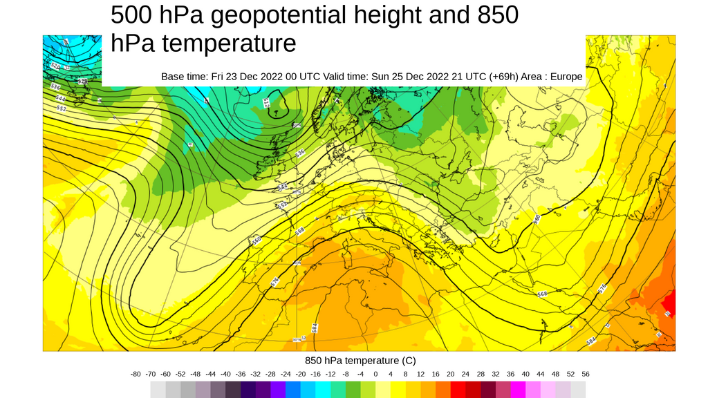 Temperatura y geopotencial 500 hPa previsto para el domingo 25