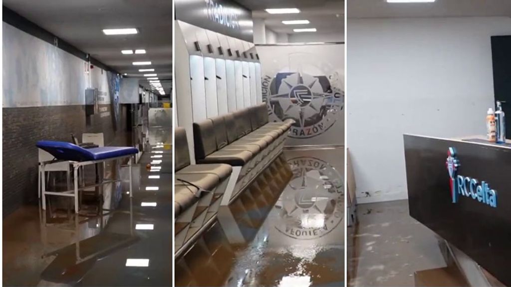 Las lluvias arrasan Balaídos: pasillos, vestuario y sala de prensa, inundados