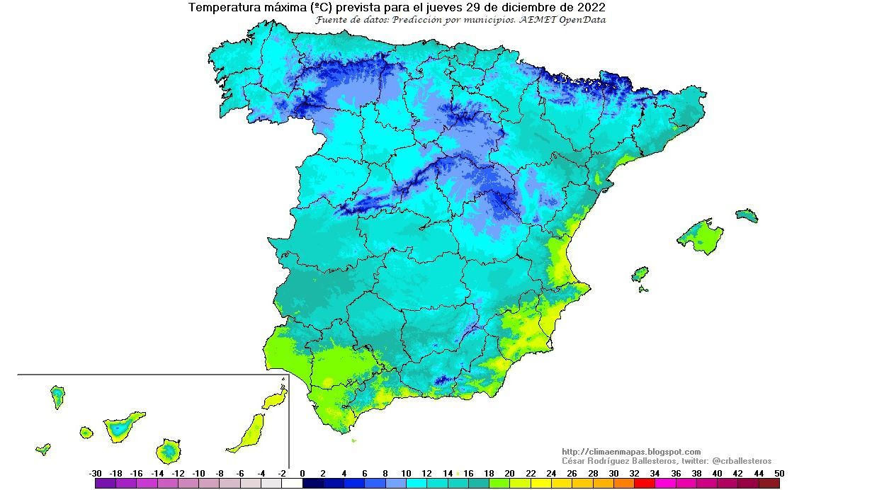 Temperaturas máximas previstas para el jueves 29