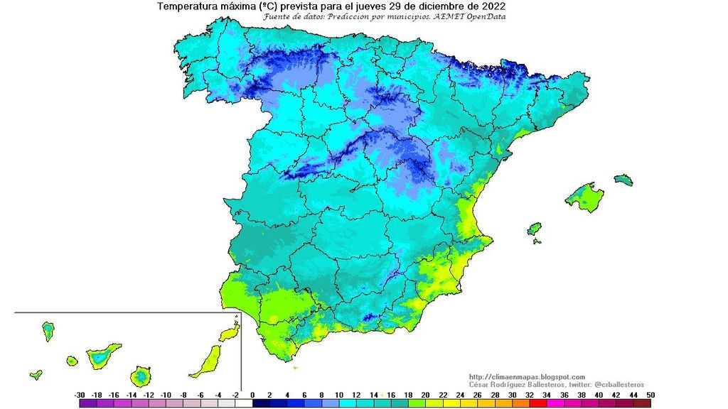 Temperaturas máximas previstas para el jueves 29