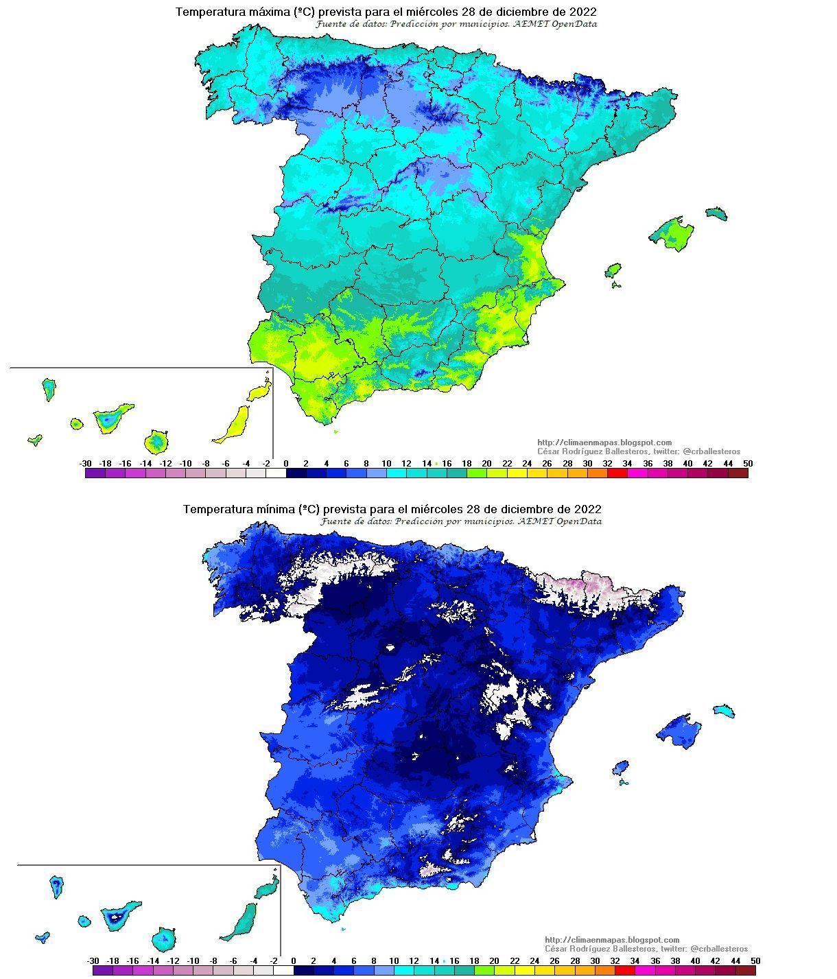 Temperaturas máximas y mínimas previstas para el miércoles