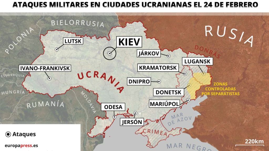 EuropaPress 4272273 mapa ciudades ucrania atacadas 24 febrero 2022 estado 1100 horas varias