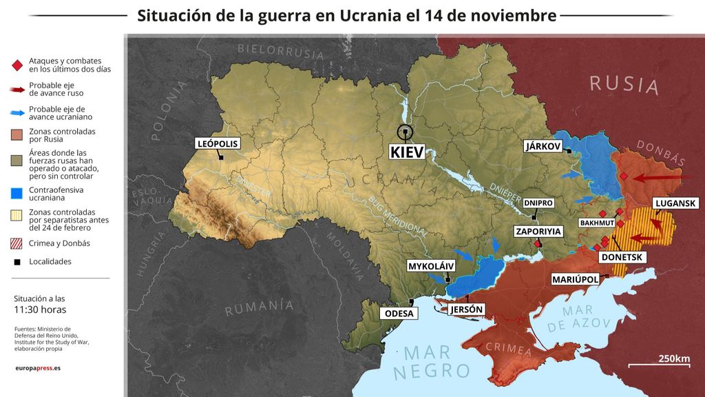 EuropaPress 4810032 mapa situacion guerra ucrania 14 noviembre estado 1130 horas autoridades