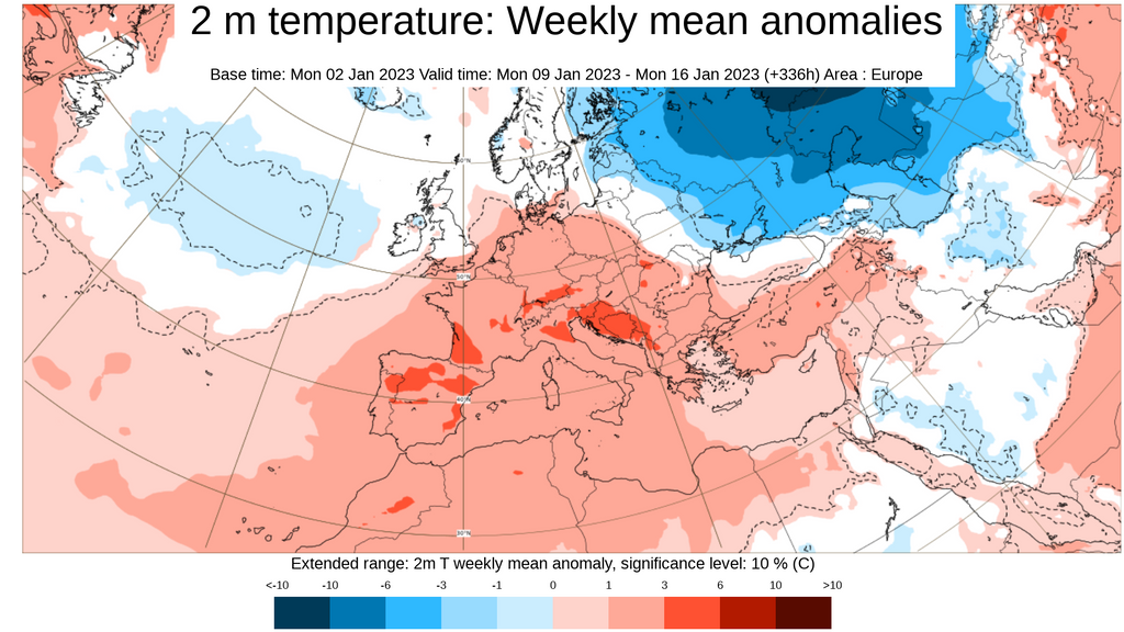 Anomalía de la temperatura prevista para la semana del 9 al 16 de enero