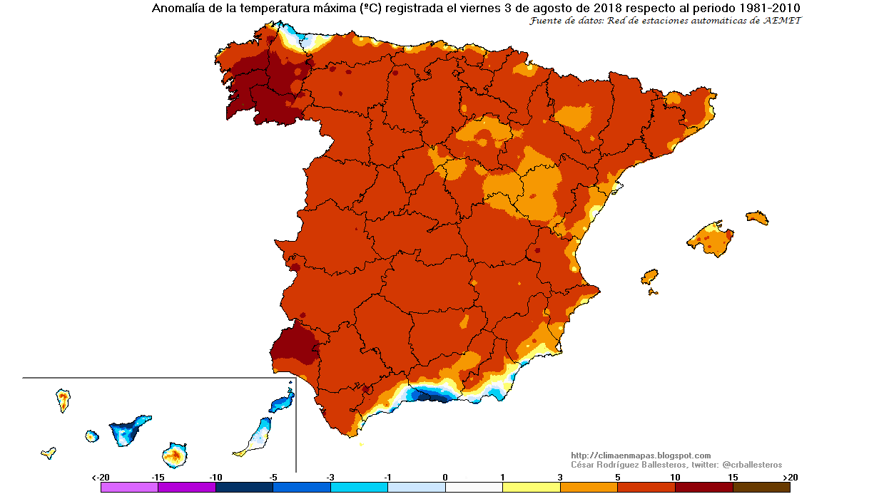 Anomalía de las temperaturas máximas registradas el día 3 de agosto de 2018
