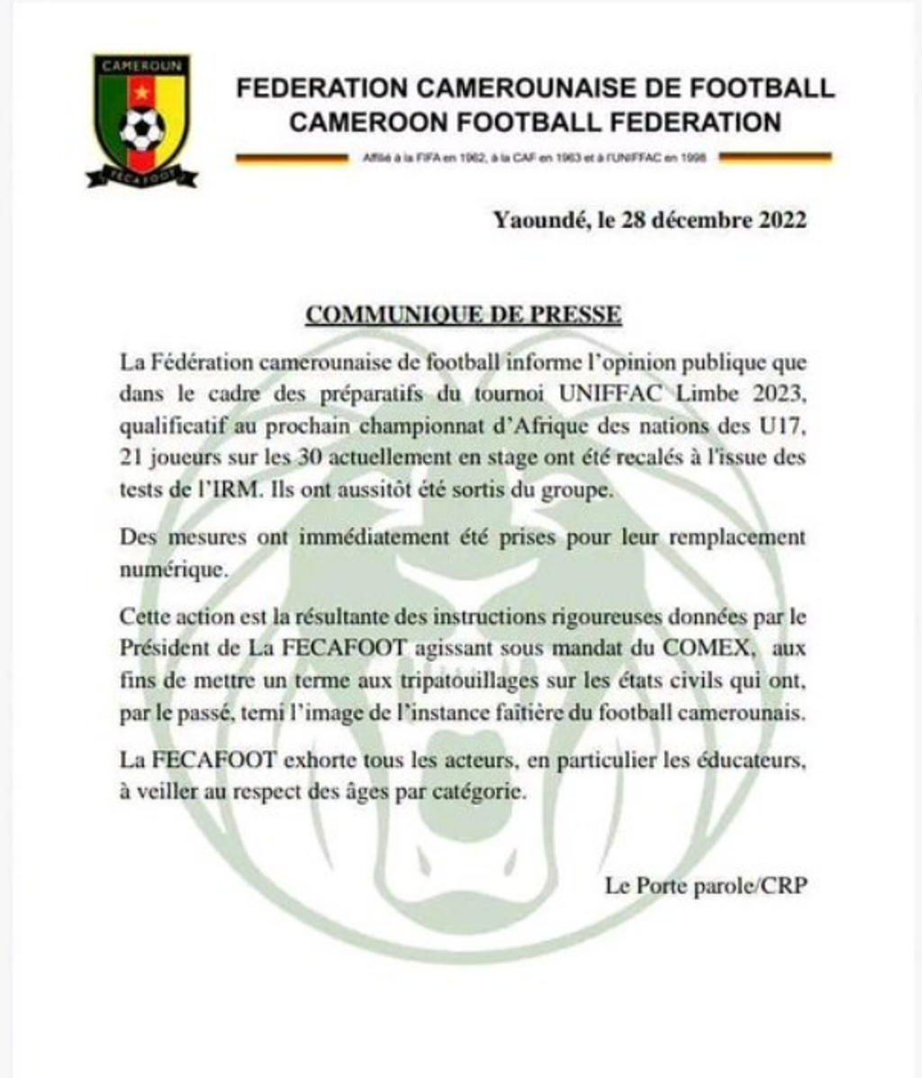 Camerún sub-17 desconvoca a 21 jugadores por la edad: solo nueve superaron la resonancia magnética