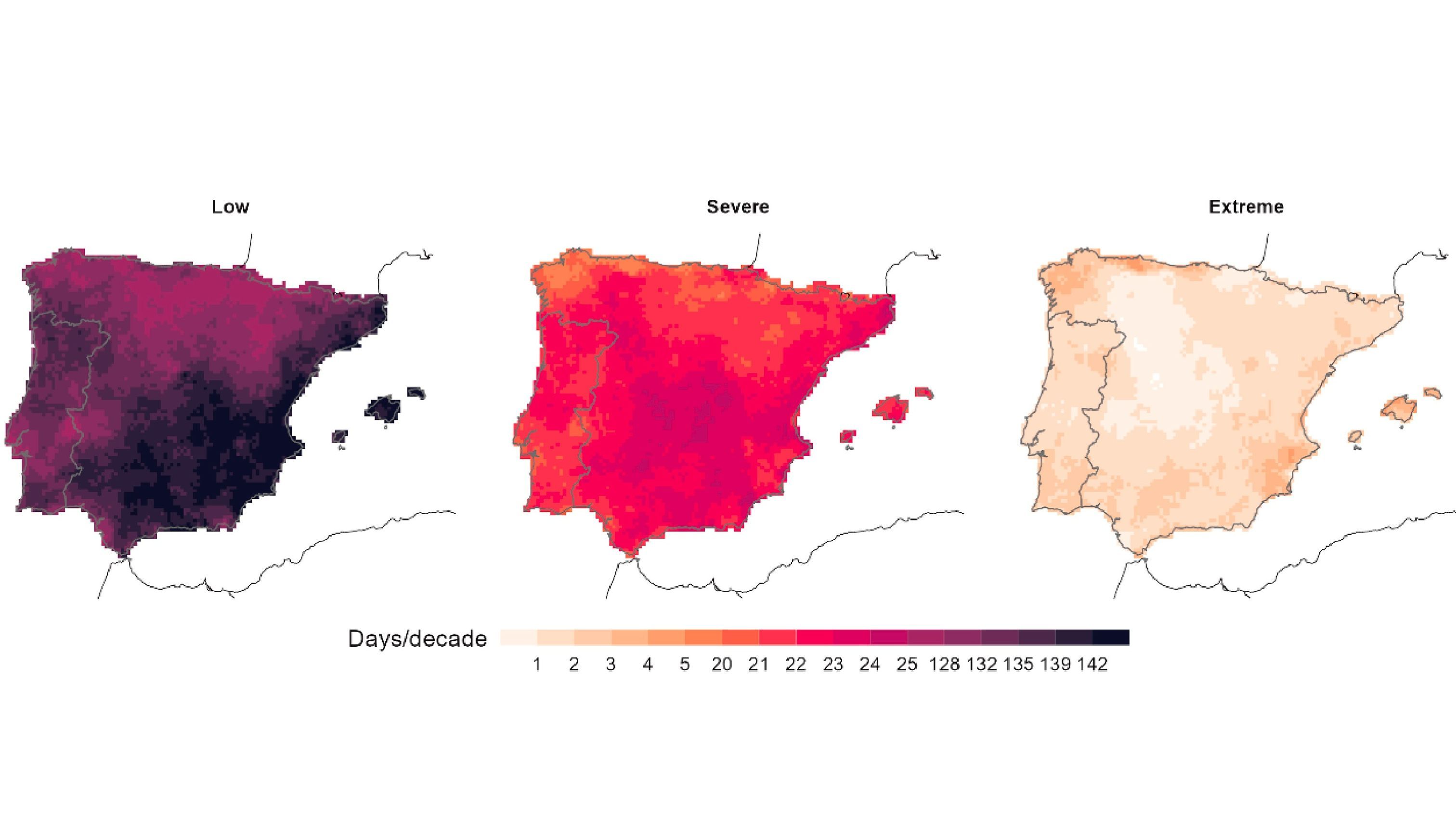 Duración promedio de los niveles de gravedad en días/década para el período 1950-2020.