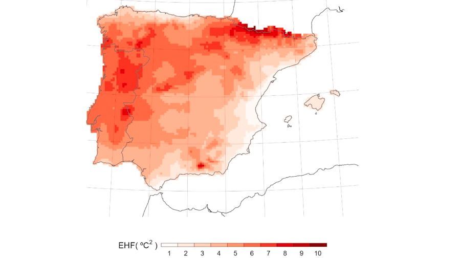 Intensidad de las olas de calor: Valores positivos promedio de EHF para el período 1950-2020