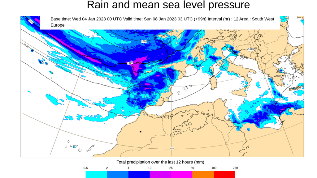 Precipitación prevista las últimas horas del sábado 7