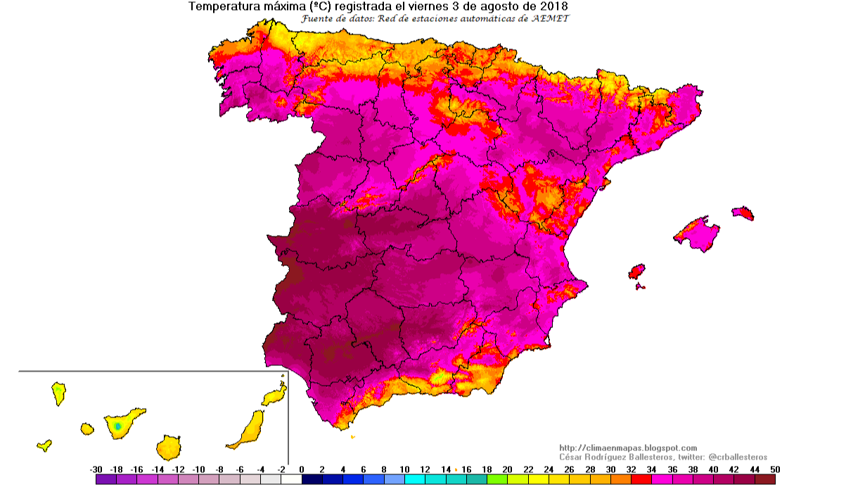 Temperaturas máximas registradas el día 3 de agosto de 2018