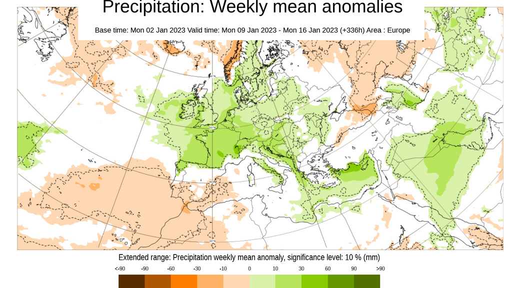Anomalía de la precipitación prevista del 9 al 16 de enero