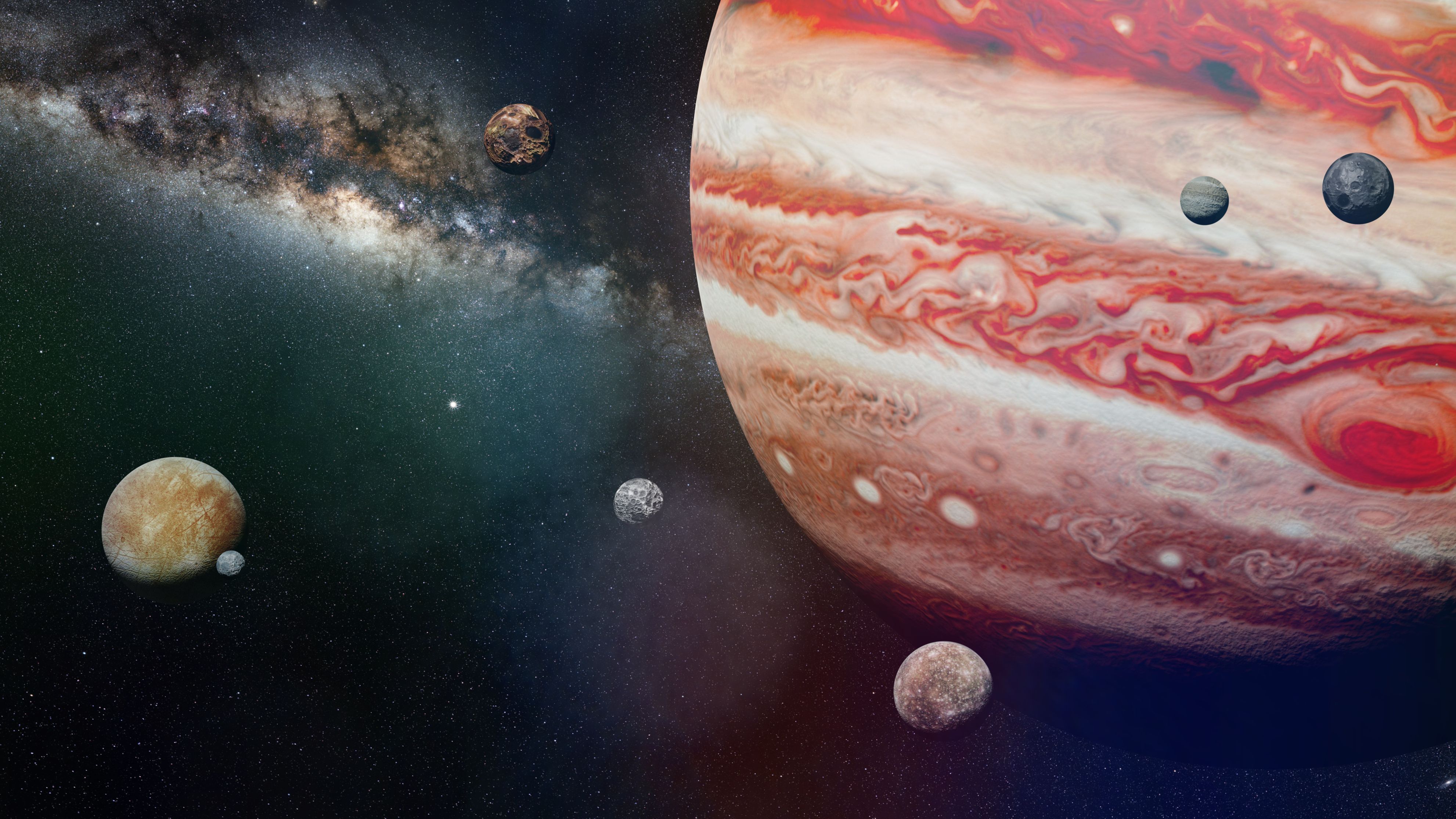 Representación de Júpiter y sus lunas