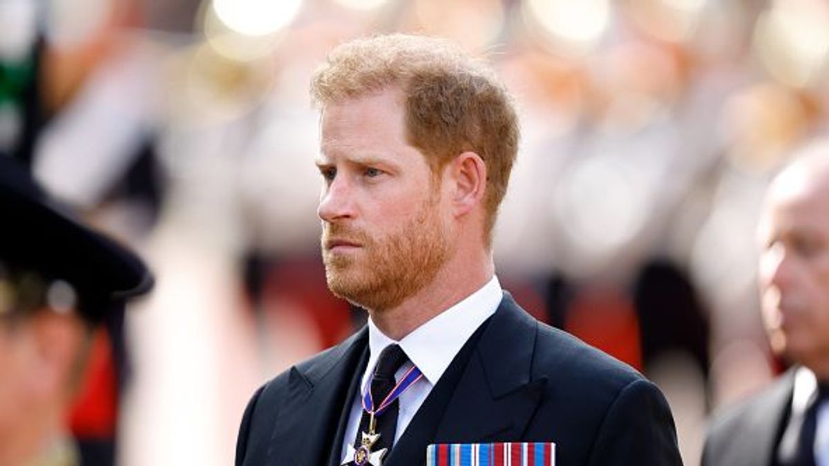 LONDON, UNITED KINGDOM - SEPTEMBER 14: (EMBARGOED FOR PUBLICATION IN UK NEWSPAPERS UNTIL 24 HOURS AFTER CREATE DATE AND TIME) Prince Harry, Duke of Sussex walks behind Queen Elizabeth II's coffin as it is transported on a gun carriage from Buckingham Palace to The Palace of Westminster ahead of her Lying-in-State on September 14, 2022 in London, United Kingdom. Queen Elizabeth II's coffin is taken in procession on a Gun Carriage of The King's Troop Royal Horse Artillery from Buckingham Palace to Westminster Hall where she will lay in state until the early morning of her funeral. Queen Elizabeth II died at Balmoral Castle in Scotland on September 8, 2022, and is succeeded by her eldest son, King Charles III. (Photo by Max Mumby/Indigo/Getty Images)