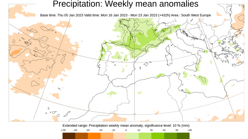 Anomalía de la precipitación media prevista del 16 al 23 de dic