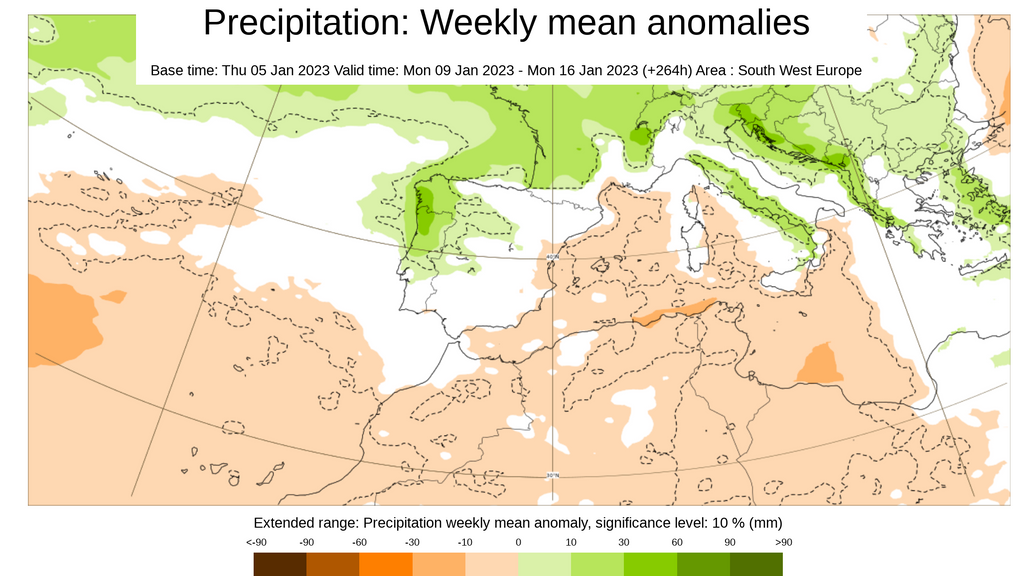 Anomalía de la precipitación media prevista para esta semana