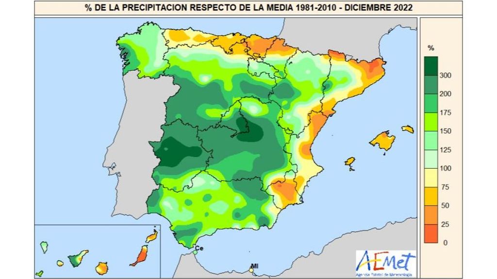 Anomalía de la precipitación media de diciembre 2022
