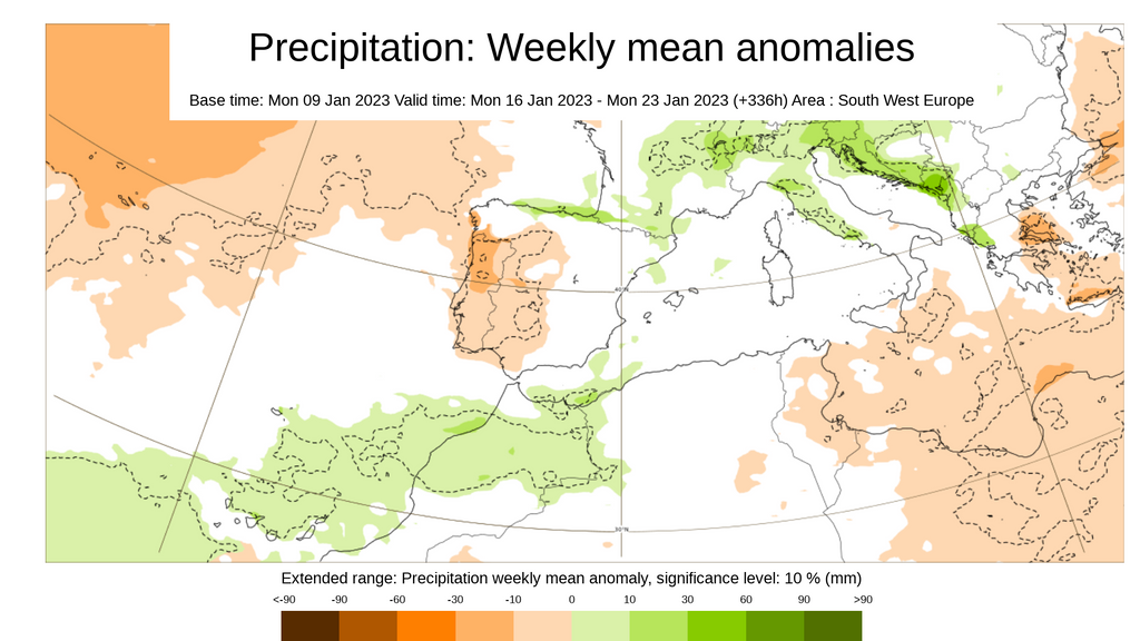Anomalía de la precipitación media prevista para la semana del 16 al 23 de enero
