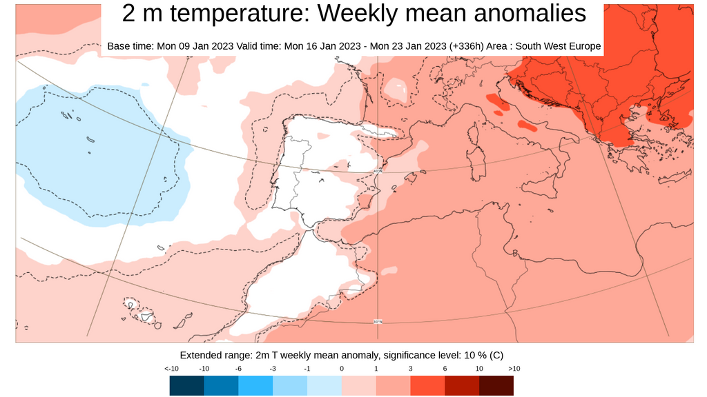 Anomalía de la temperatura media prevista para la semana del 16 al 23 de enero