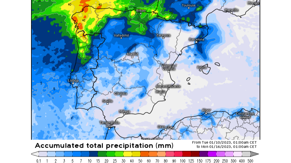 Precipitación prevista entre el martes 10 y domingo 15
