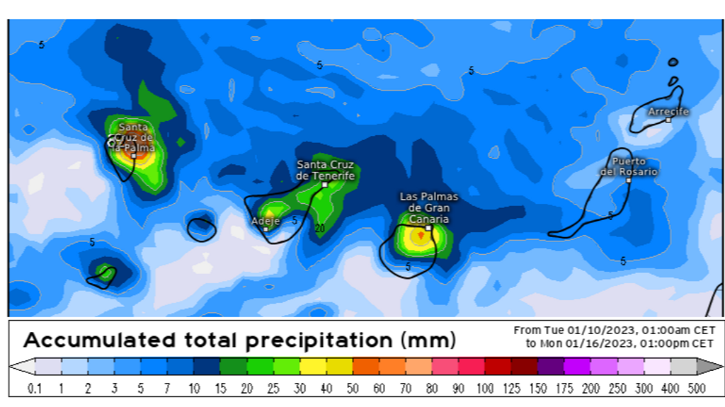 Precipitación prevista para el conjunto de la semana en Canarias