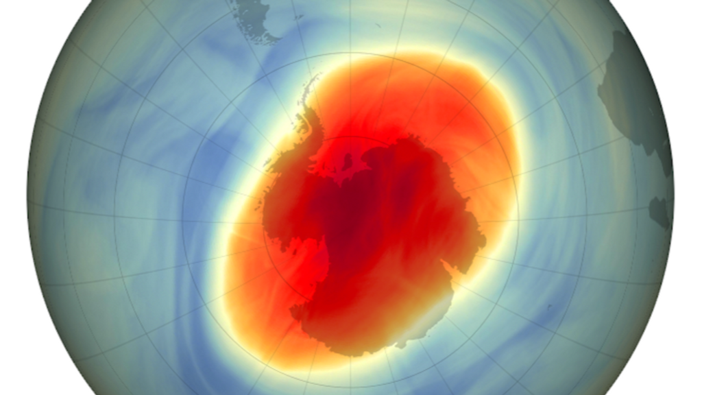 Tamaño del agujero de ozono sobre el Polo Sur el 5 de octubre de 2022