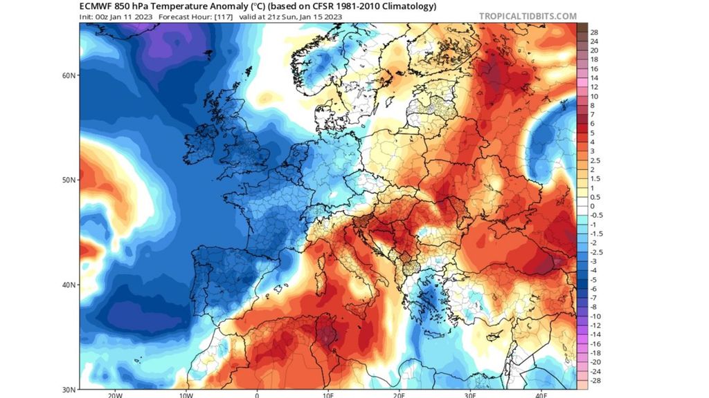 El domingo llegará una masa de aire frío a España (anomalías de temperatura a 850 hPa)