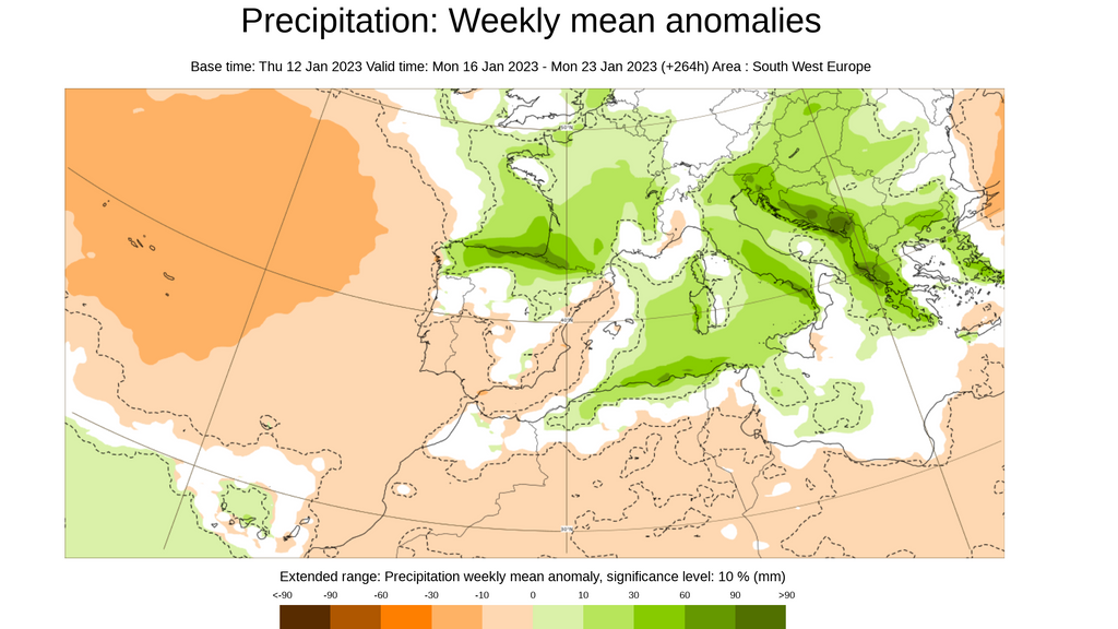 Anomalía de la precipitación media prevista de 16 al 23 enero